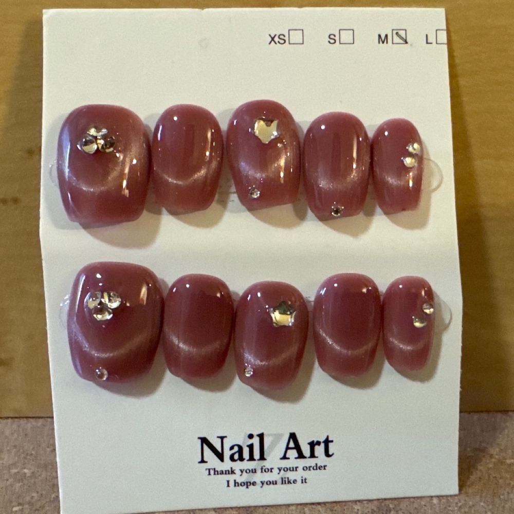 Mauve Cat Eye Press On Nails Short Square Rhinestone Heart Accents Size Medium